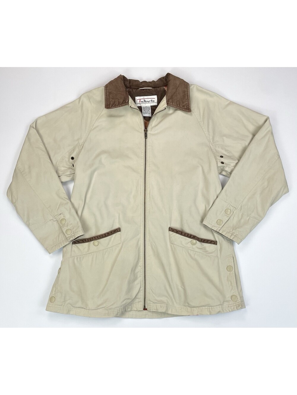 VTG Talbots Barn Jacket Beige Cotton Utility Chore Coat Corduroy Collar XS